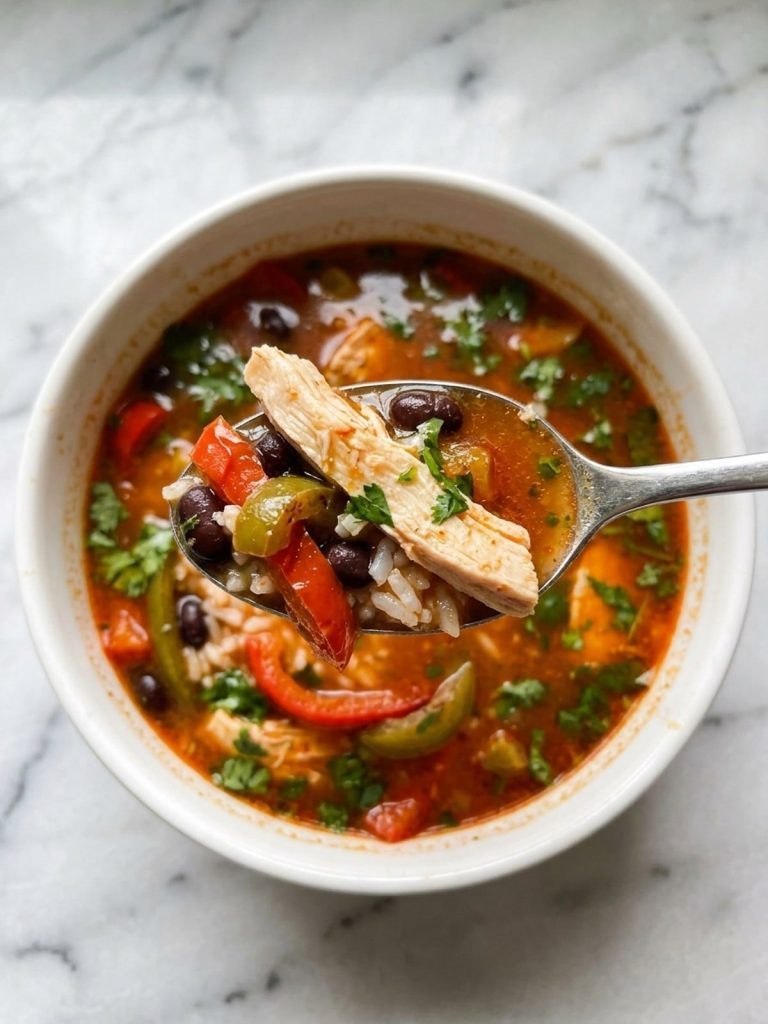 Close view of a spoonful of chicken fajita soup with a strip of chicken, bell pepper, black beans and rice