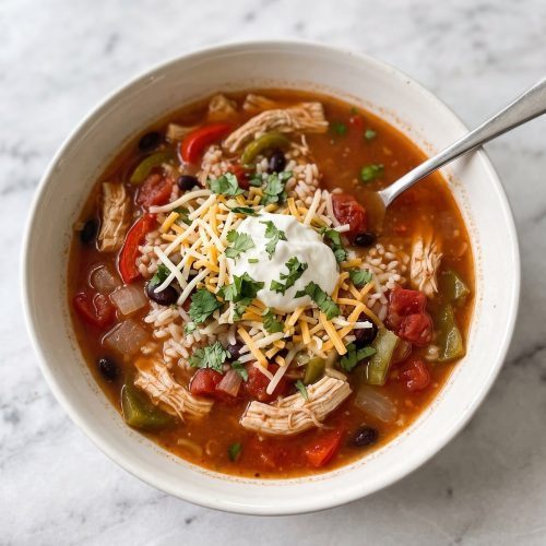 A bowl of chicken fajita soup with peppers, black beans and rice, topped with sour cream, cheese and cilantro