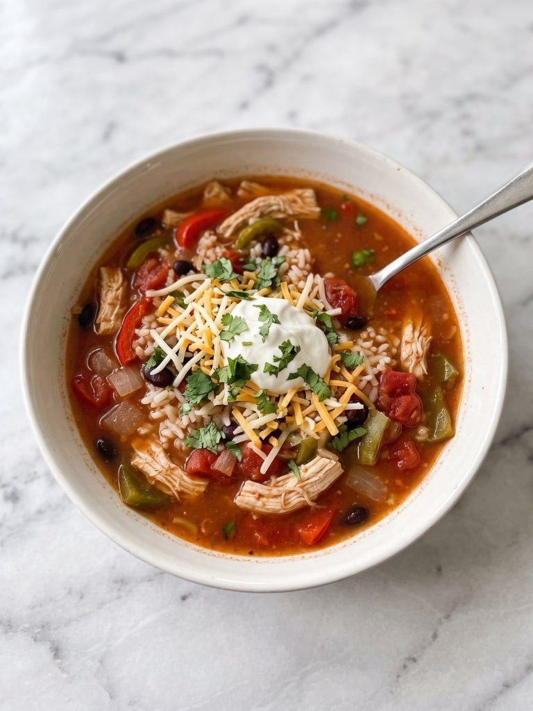 A bowl of chicken fajita soup with peppers, black beans and rice, topped with sour cream, cheese and cilantro