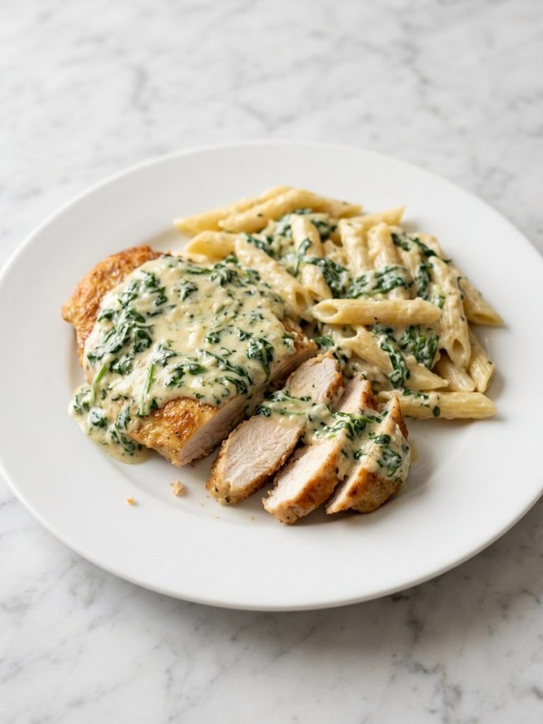 A golden chicken cutlet in spinach cream sauce on a plate with pasta