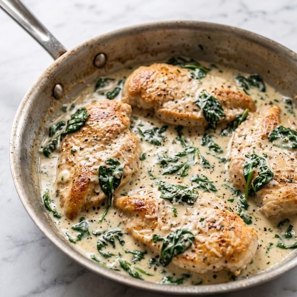 Golden chicken pieces in a creamy spinach and parmesan sauce in a skillet