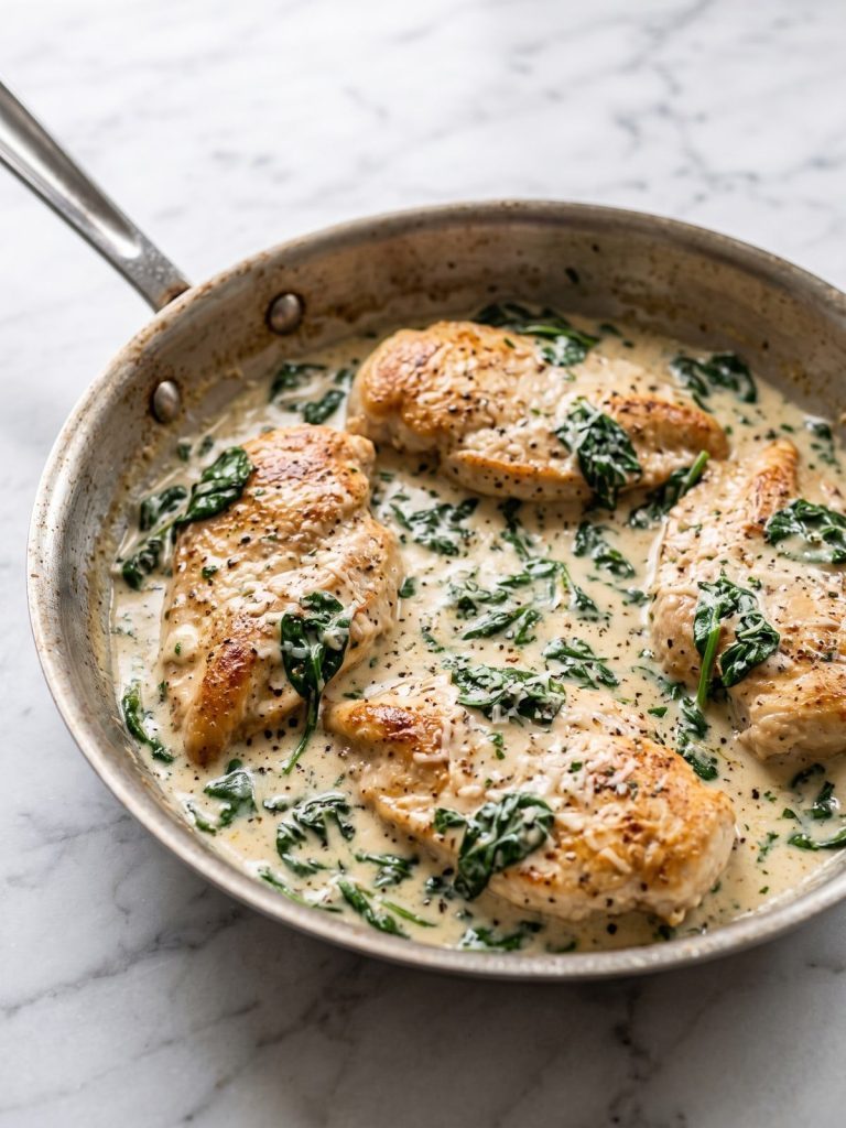 Golden chicken pieces in a creamy spinach and parmesan sauce in a skillet