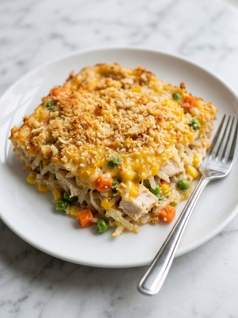 Close view of a square serving of chicken hashbrown casserole showing shredded potatoes, chicken and vegetables under a cracker crust