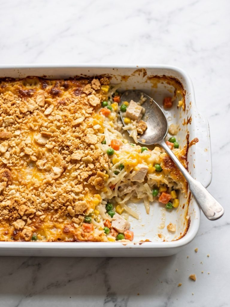 A baked chicken hashbrown casserole with a golden cracker topping in a white baking dish, one corner scooped out