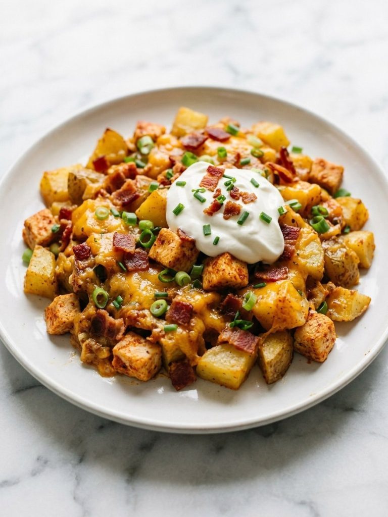 A plate of chicken loaded potato casserole with cheddar, bacon, green onions and a dollop of sour cream