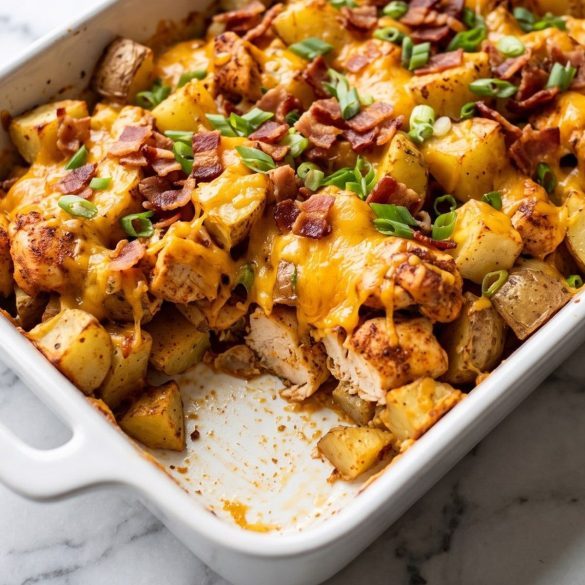 Chicken loaded potato casserole in a baking dish topped with melted cheddar, bacon and green onions