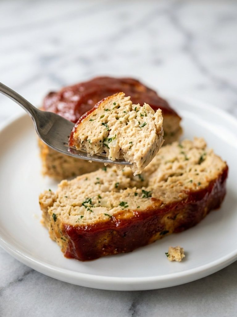 Close view of a forkful of moist chicken meatloaf lifted above a glazed slice