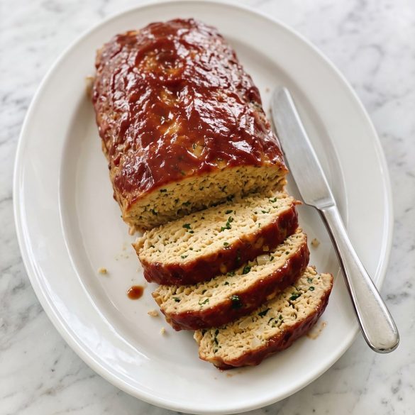 Sliced chicken meatloaf with a glossy ketchup glaze on a white platter