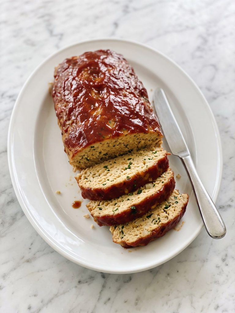Sliced chicken meatloaf with a glossy ketchup glaze on a white platter