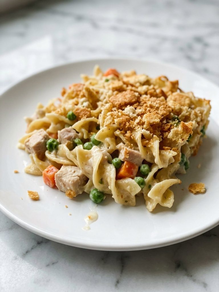 Close view of one served portion of chicken noodle casserole with distinct creamy egg noodles and crisp cracker crumbs