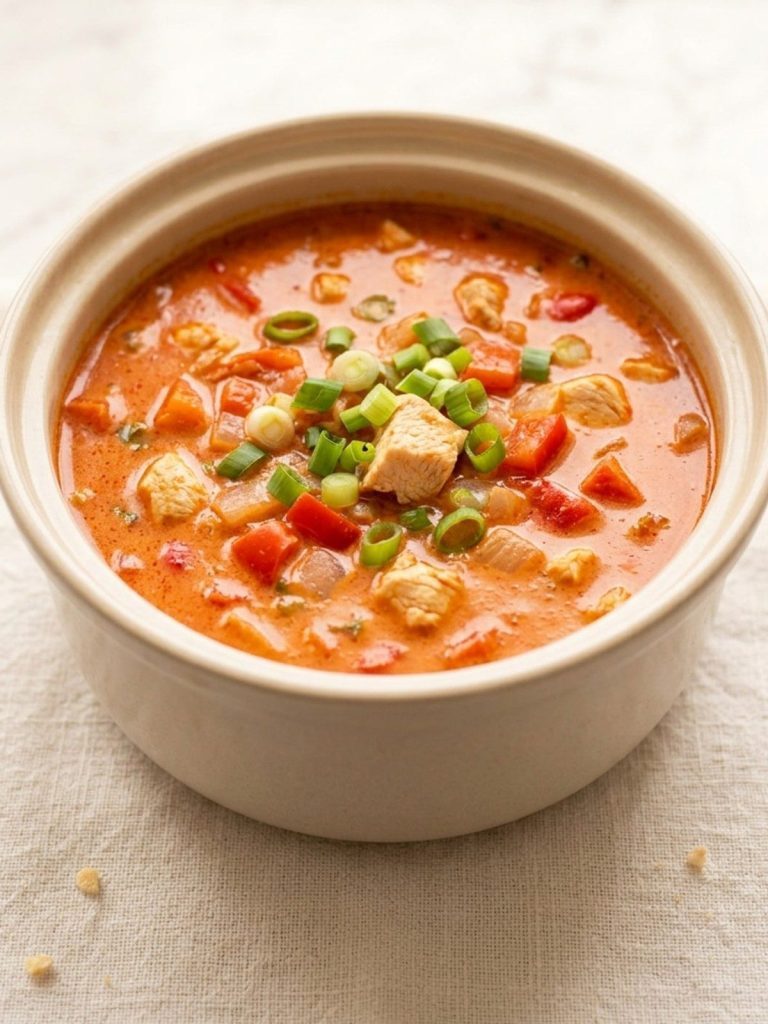 A pot of creamy chicken paprikash soup with chicken and peppers