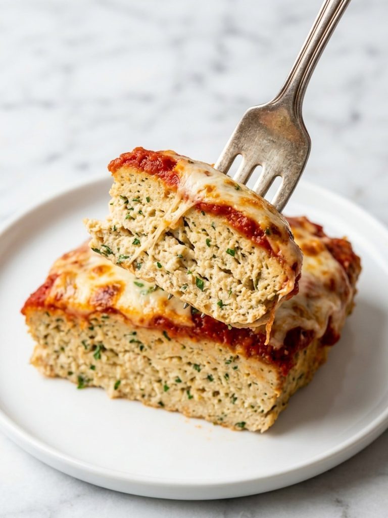 Close view of a forkful of chicken parmesan meatloaf with marinara and melted mozzarella