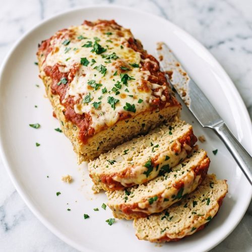 Sliced chicken parmesan meatloaf topped with marinara and melted mozzarella on a white platter
