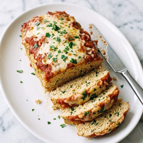Sliced chicken parmesan meatloaf topped with marinara and melted mozzarella on a white platter