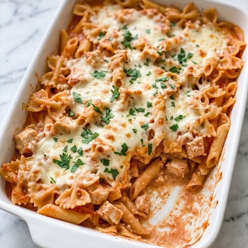 A 9x13 dish of cheesy chicken pasta casserole with golden bubbly mozzarella, a serving scooped out
