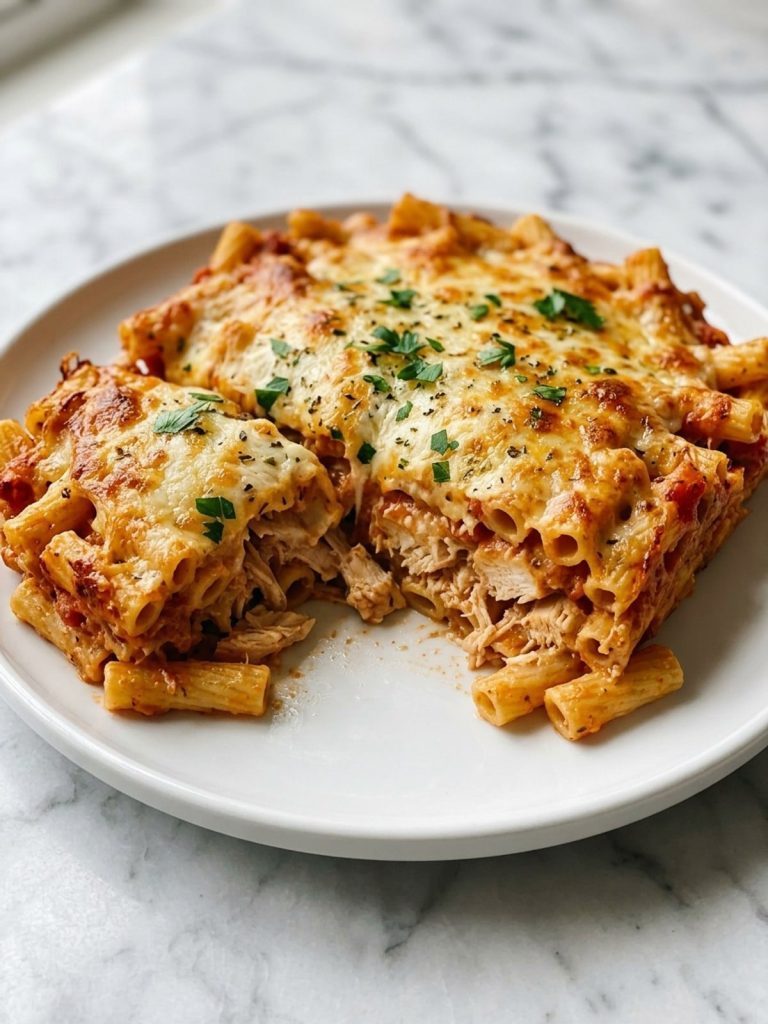 A serving of chicken pasta casserole with melted mozzarella on a plate