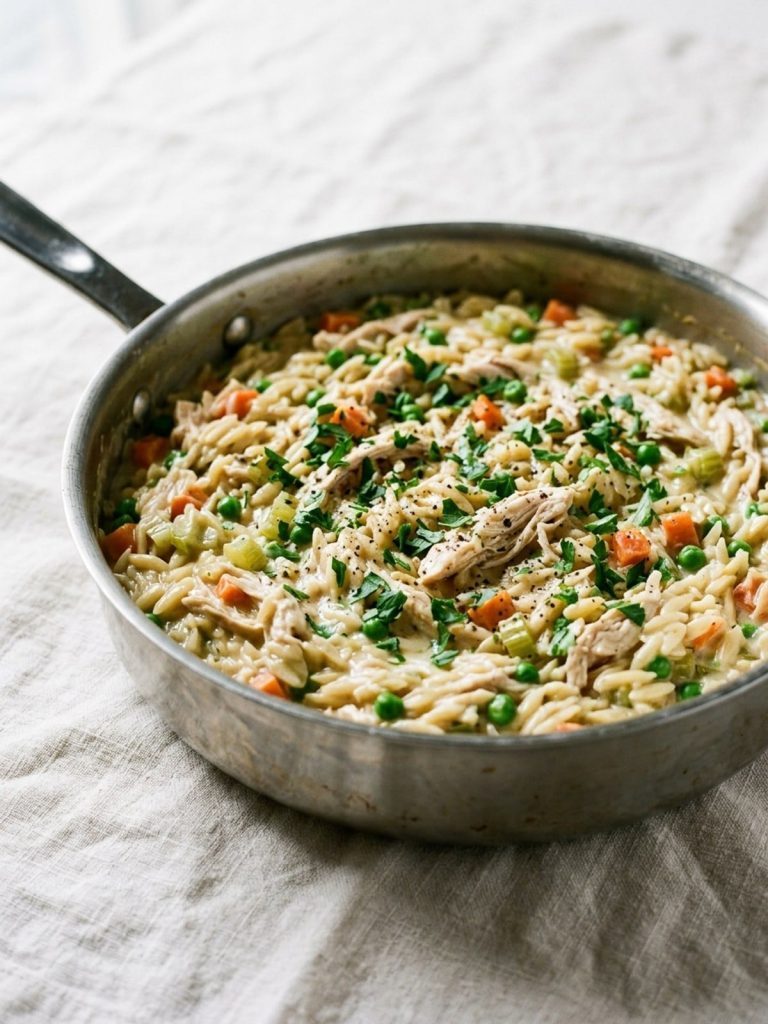 Creamy chicken pot pie orzo in a deep skillet