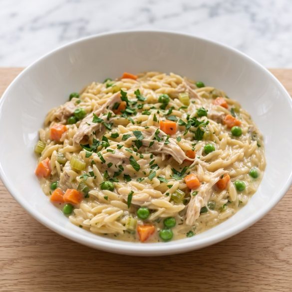 A bowl of creamy chicken pot pie orzo with carrots, celery and peas