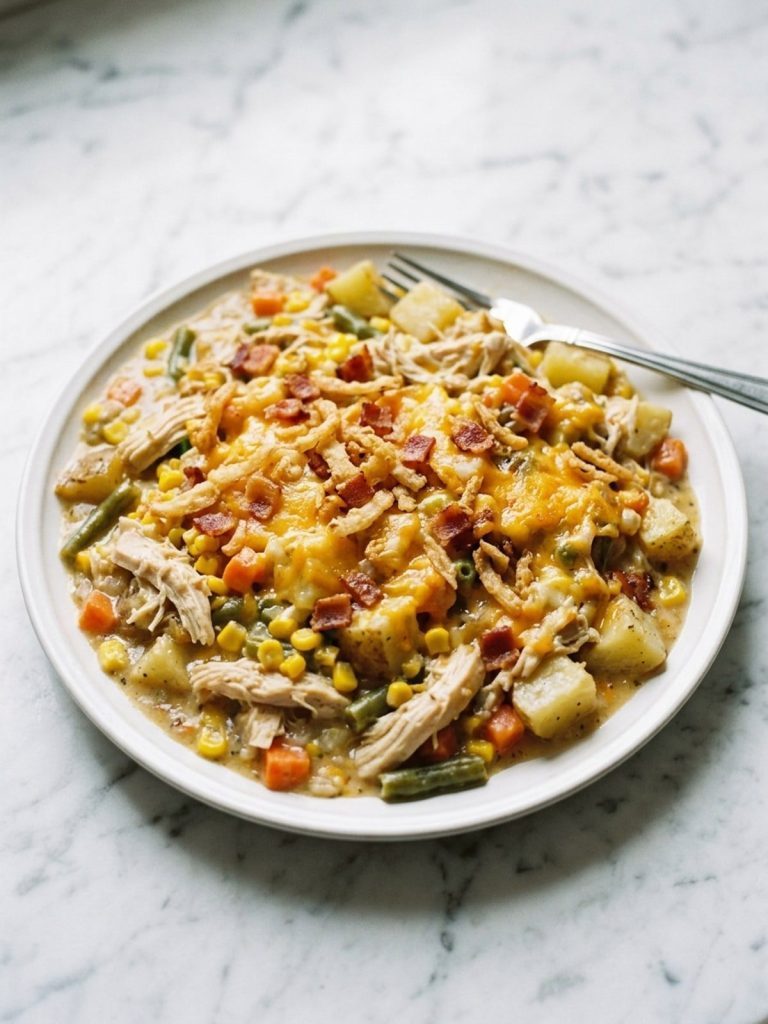 A white plate filled with chicken potato casserole showing soft potato cubes, shredded chicken and vegetables in a creamy sauce under crispy fried onions