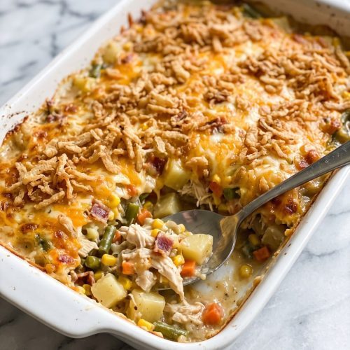 A baked chicken potato casserole topped with melted cheese and crispy fried onions in a white baking dish, one corner scooped out