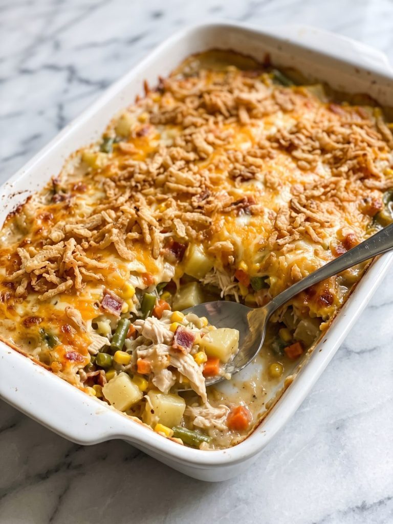 A baked chicken potato casserole topped with melted cheese and crispy fried onions in a white baking dish, one corner scooped out