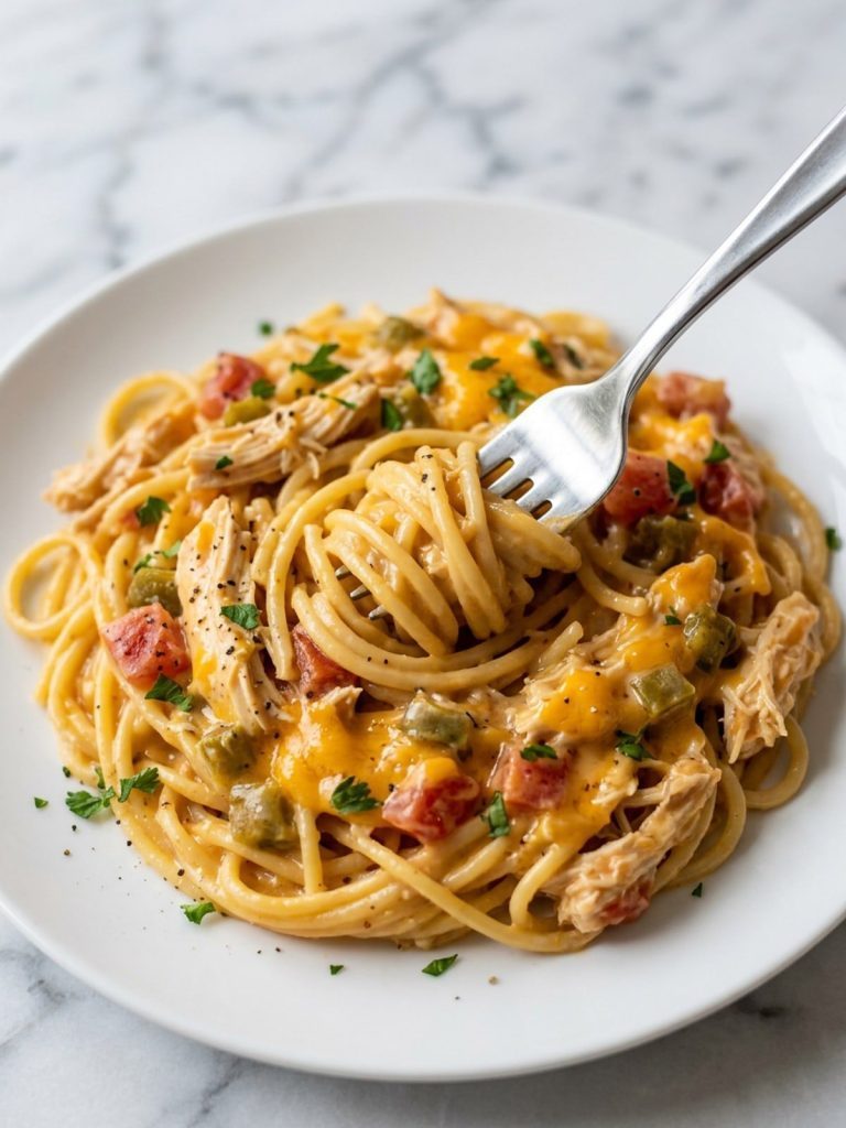 Close view of creamy cheesy chicken Rotel spaghetti on a fork