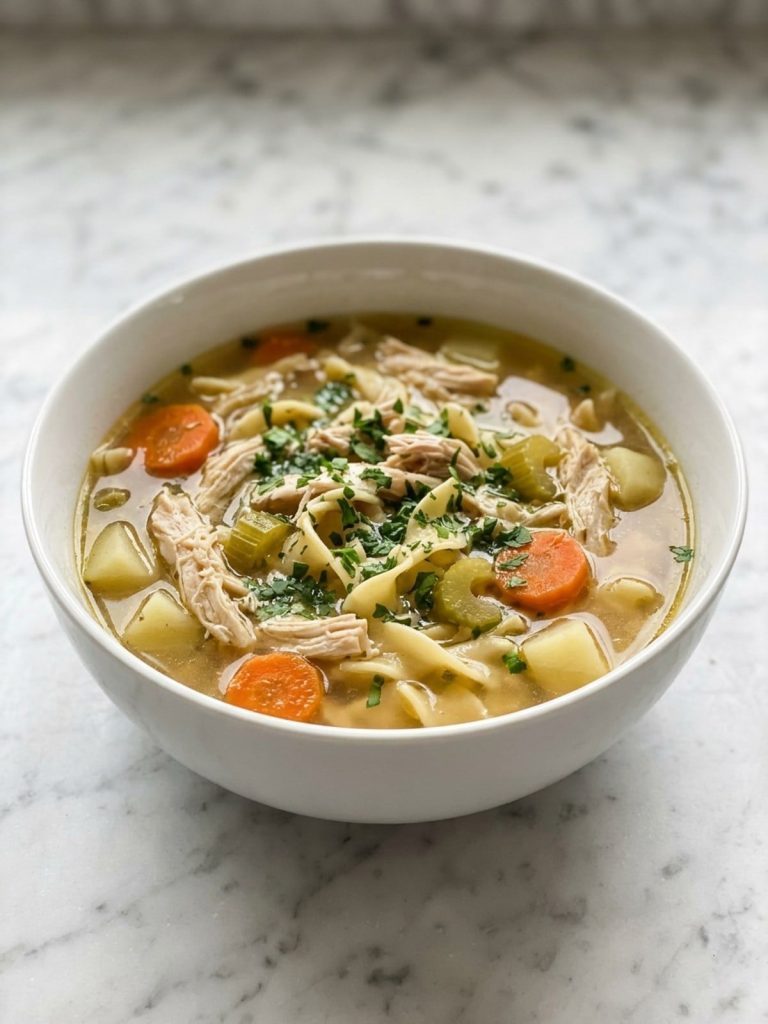 A bowl of chicken soup with shredded chicken, egg noodles and root vegetables
