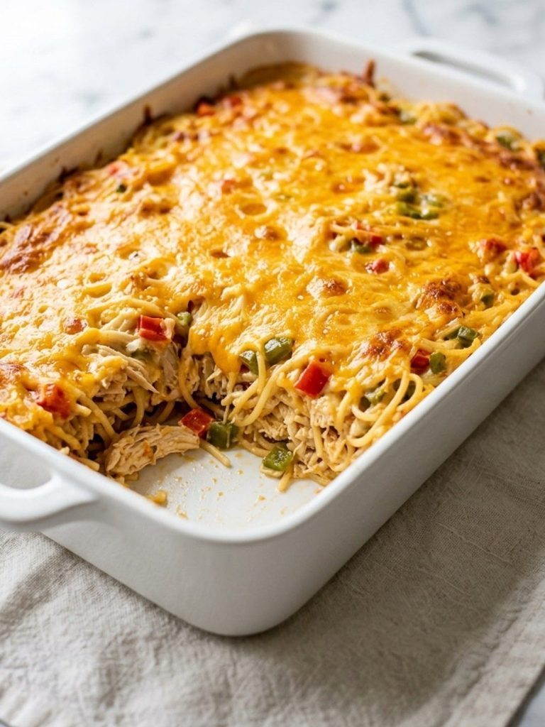 A 9x13 dish of cheesy chicken spaghetti casserole with a portion served out