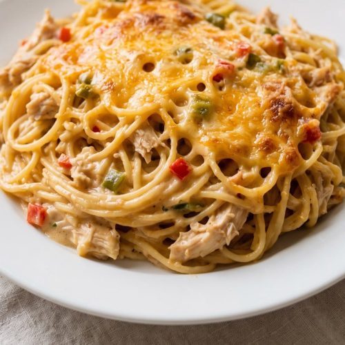 A serving of cheesy baked chicken spaghetti with red and green peppers on a plate