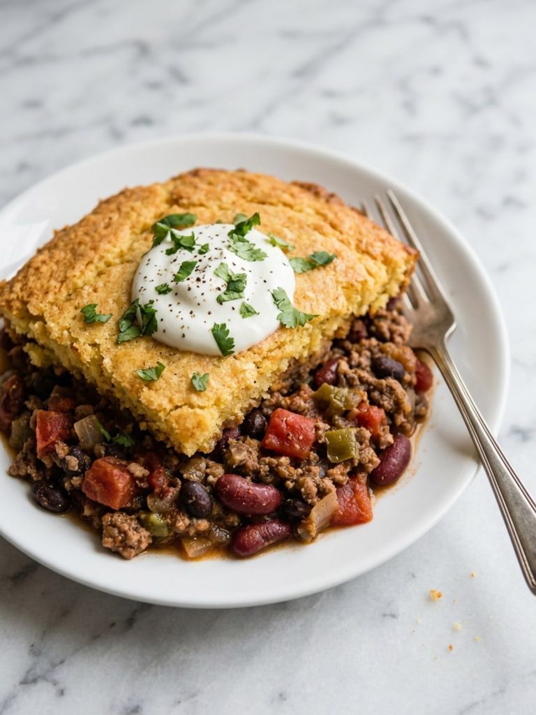 A serving of chili cornbread casserole on a plate with a golden cornbread top over beef and bean chili
