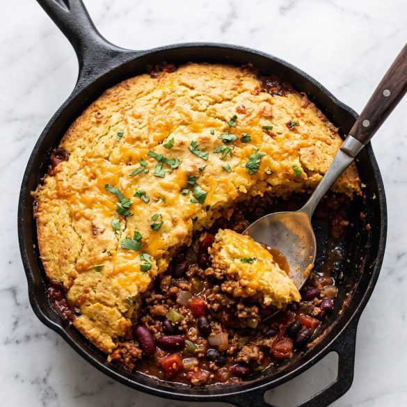 Chili cornbread casserole in a cast iron skillet with one serving scooped out to show the beef and bean chili