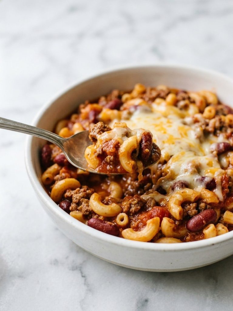 Close view of elbow macaroni coated in tomato sauce with beef, kidney beans and melted cheese