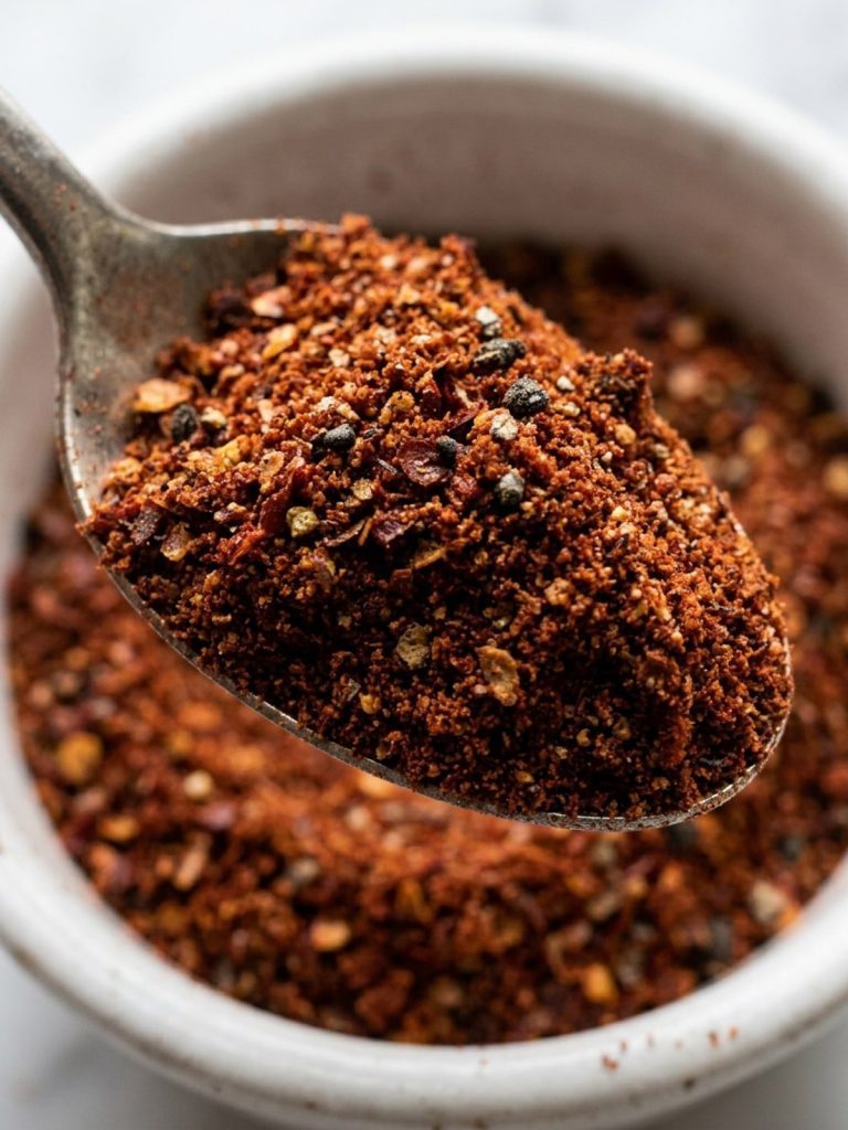 Close view of a spoon heaped with red-brown homemade chili seasoning over a small white bowl