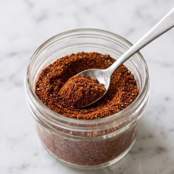 A small glass jar of homemade chili seasoning with a spoon in the red-brown spice mix