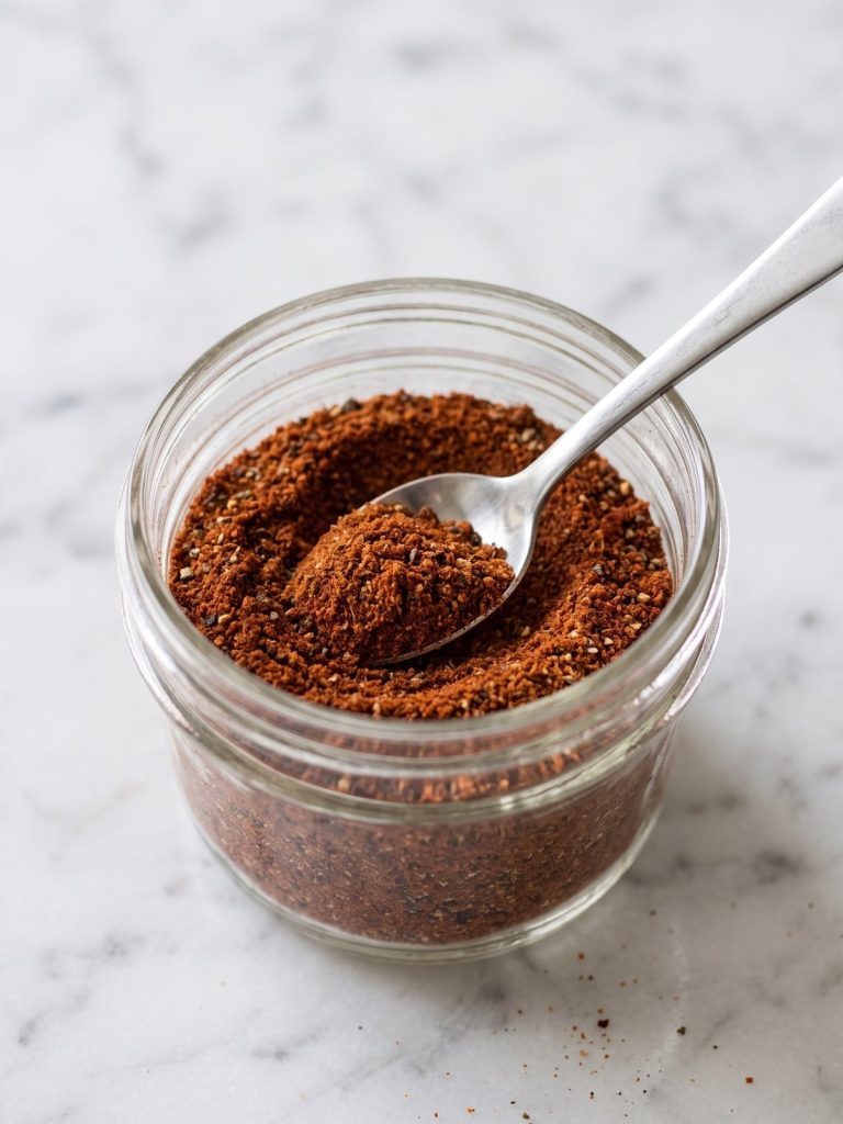 A small glass jar of homemade chili seasoning with a spoon in the red-brown spice mix