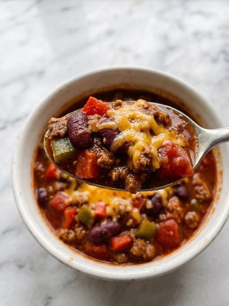 Close view of a spoonful of beef chili with kidney beans and melted cheddar