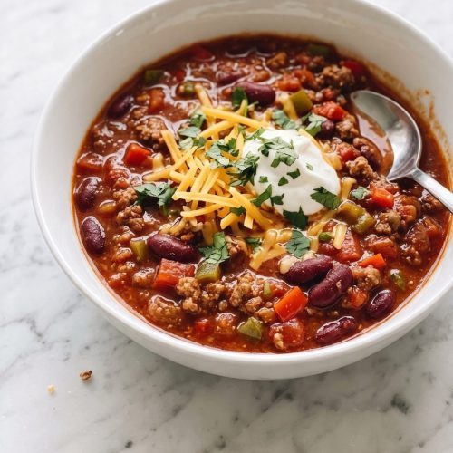 A bowl of ground beef chili with kidney beans topped with cheddar, sour cream and cilantro