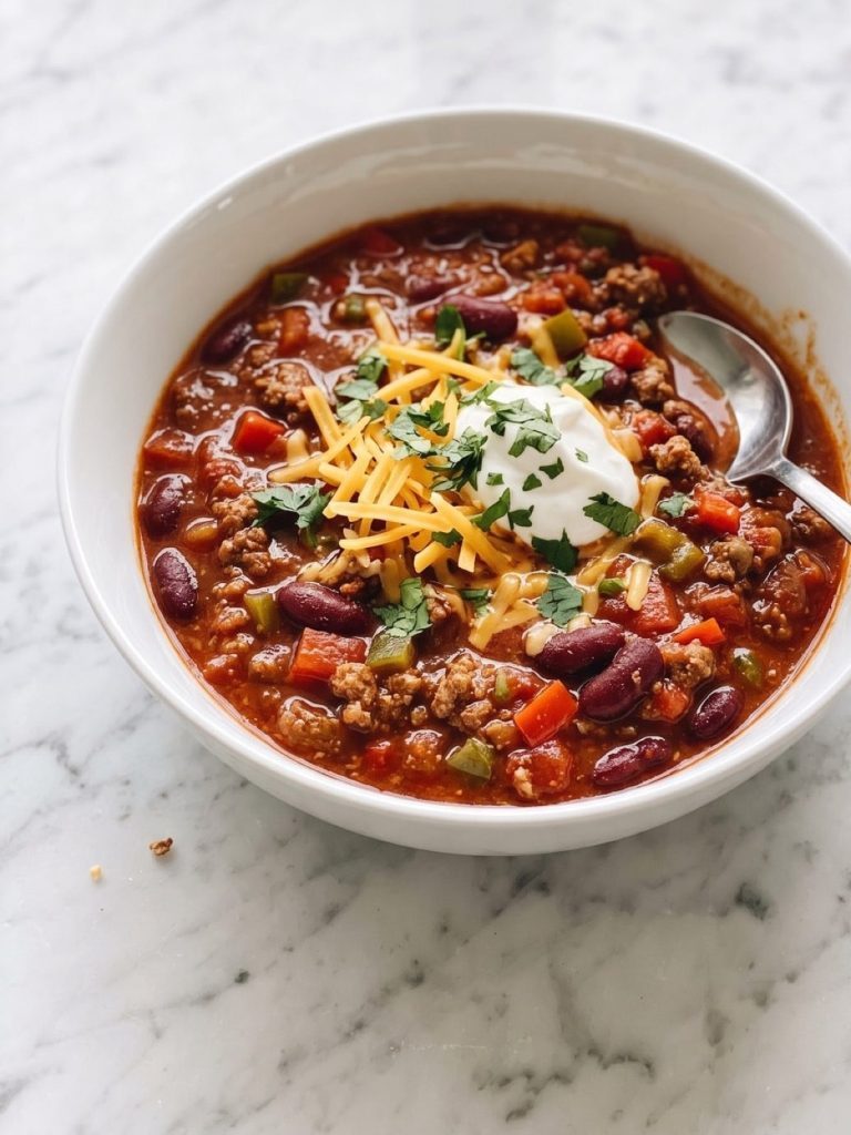 A bowl of ground beef chili with kidney beans topped with cheddar, sour cream and cilantro