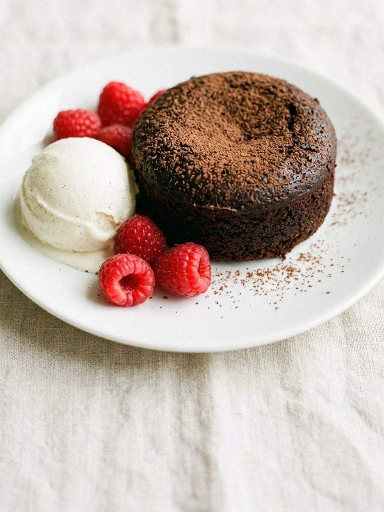 A small dark chocolate lava cake with a scoop of vanilla ice cream and raspberries on a plate