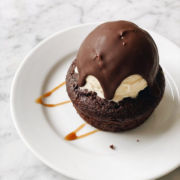 A small chocolate lava cake topped with vanilla ice cream and chocolate shell on a plate