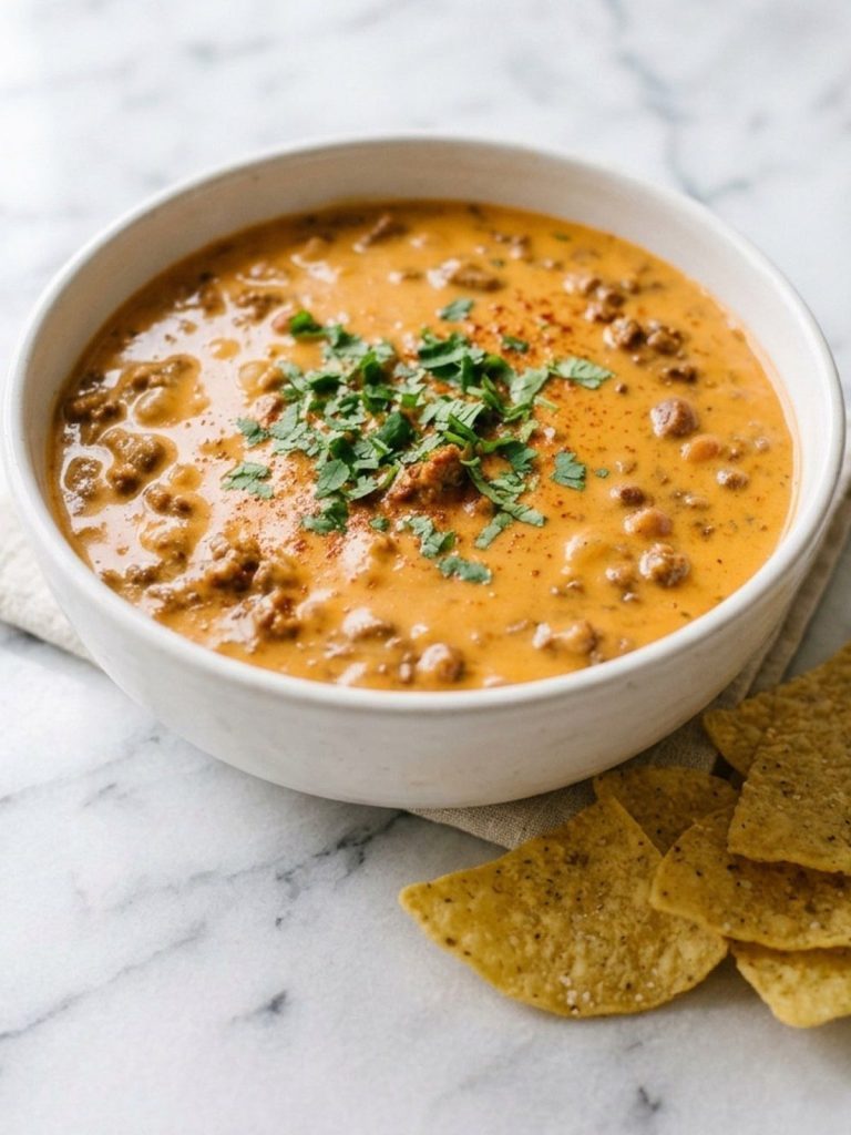 A white bowl of beef chili queso dip topped with cilantro