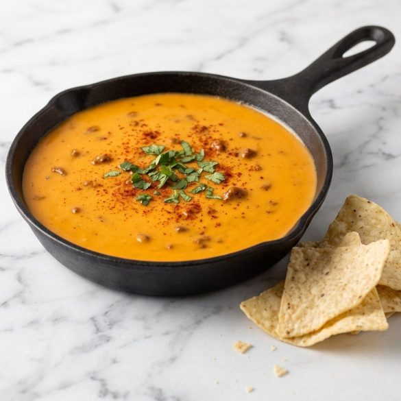 A cast-iron skillet of smooth orange beef queso topped with cilantro, with tortilla chips beside it