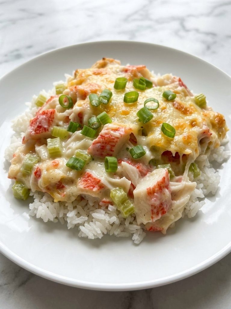 A plate of creamy Chinese buffet crab casserole over white rice with green onions
