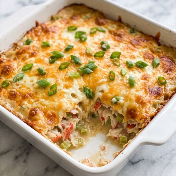 Chinese buffet crab casserole in a baking dish with golden melted cheese and green onions