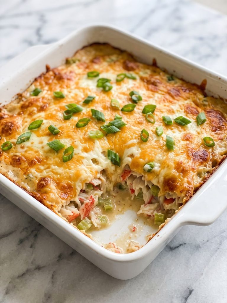 Chinese buffet crab casserole in a baking dish with golden melted cheese and green onions