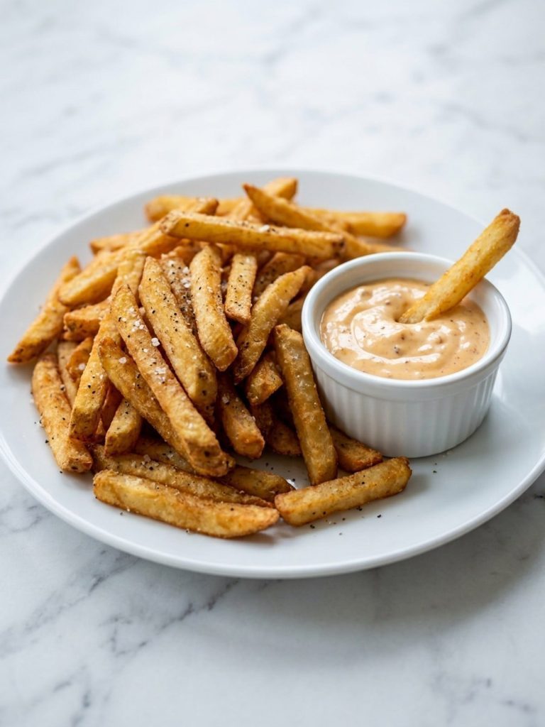 Crispy fries on a plate with a small bowl of chipotle aioli for dipping
