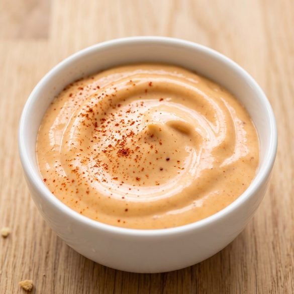 A bowl of creamy pale orange chipotle aioli with a swirl on top and a dusting of chipotle powder