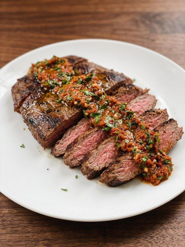 Sliced grilled steak topped with red chipotle chimichurri on a plate