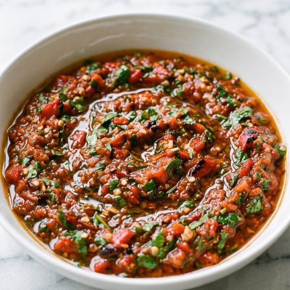 A bowl of red chipotle chimichurri with roasted red pepper, cilantro and olive oil