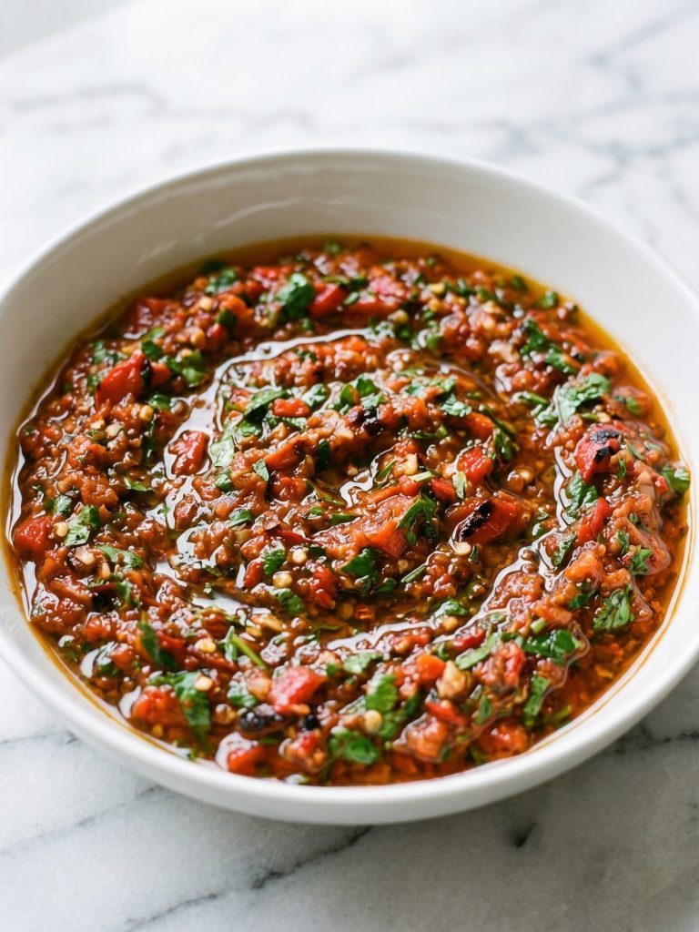 A bowl of red chipotle chimichurri with roasted red pepper, cilantro and olive oil
